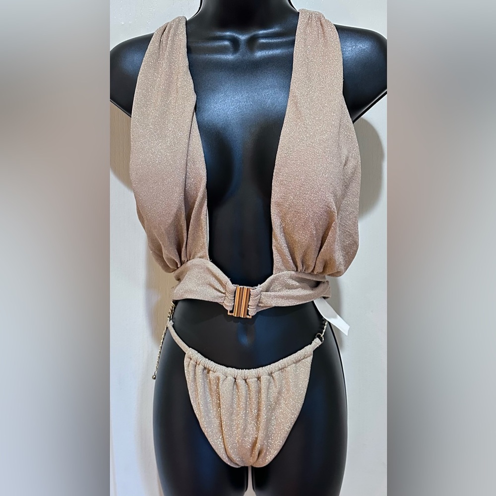 NWT Miss Circle Shimmering gold Tan two piece chain adjustable Swimsuit